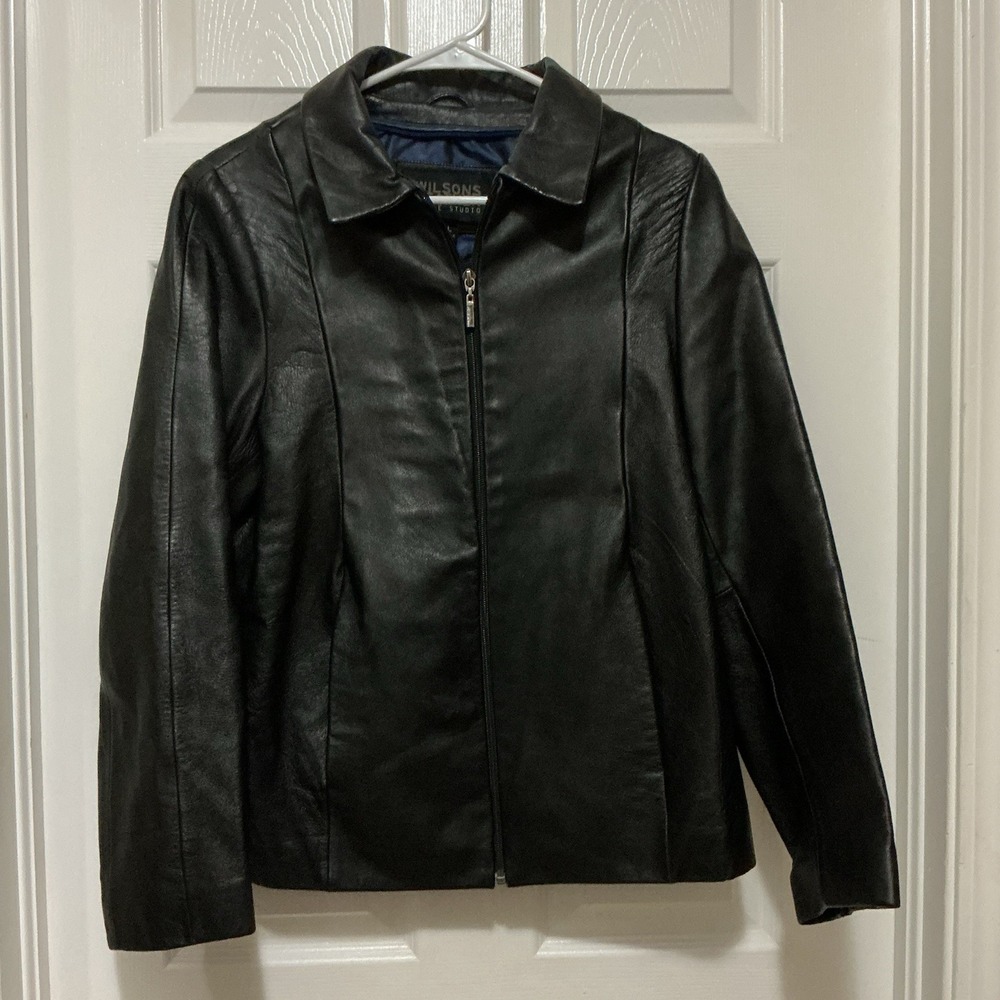 WILSONS LEATHER Pelle Studio Black Leather Full Zip Pocket Womens Jacket XL‎ 90s - Picture 2 of 11